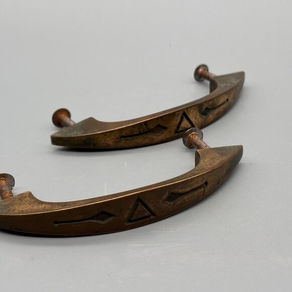 Vintage Mid-Century Brass Drawer Pulls With Geometric Etched Pattern Set Of Two - Picture 1 of 4